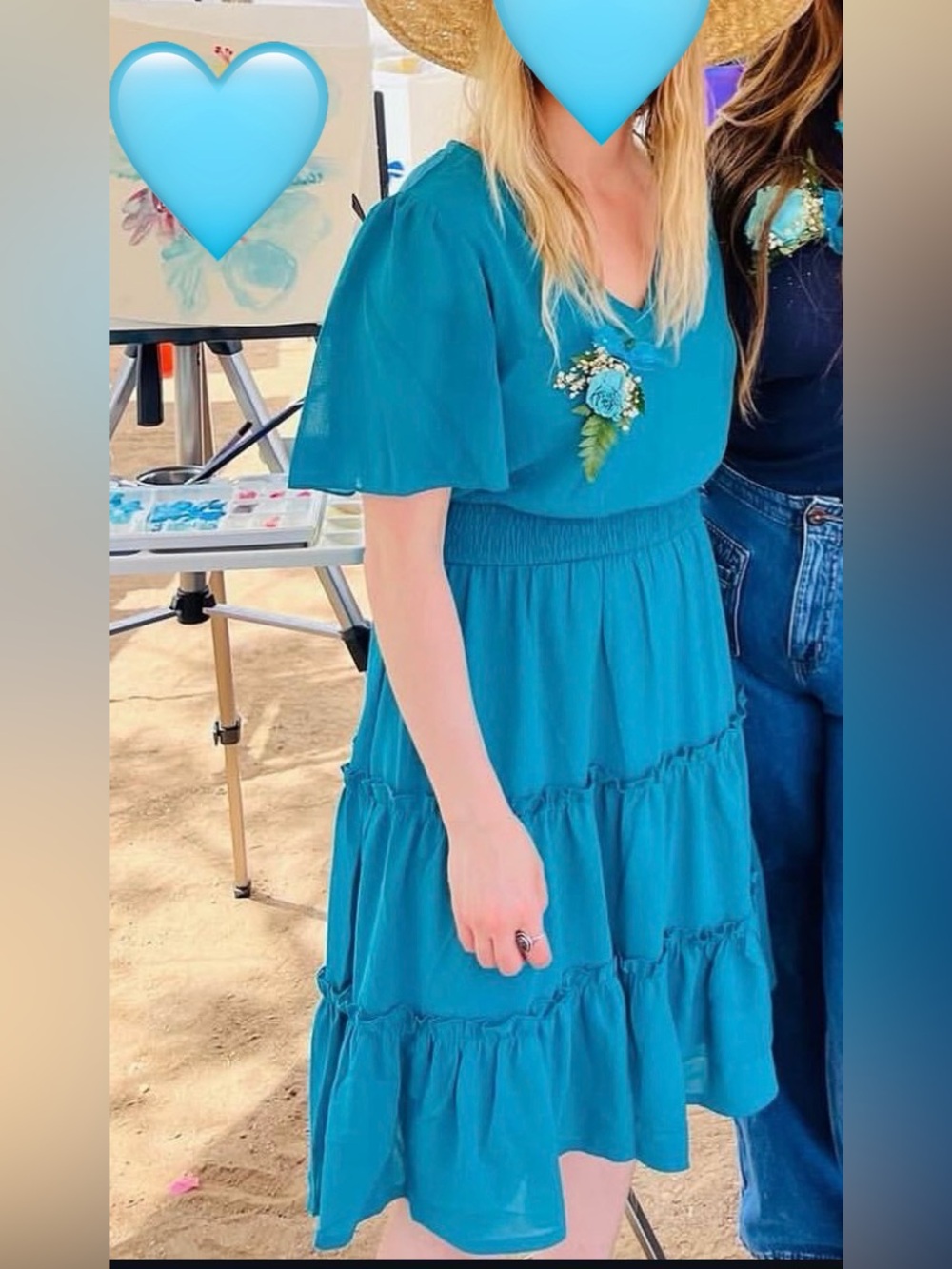 Smocked-Waist Teal V-Neck Tiered Midi Dress